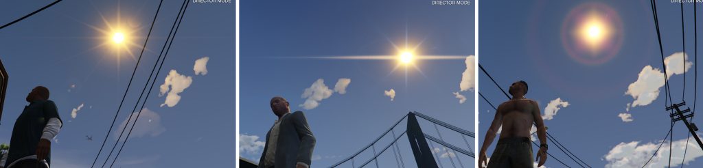 The lens flare of the sun for each playable character in GTAV
